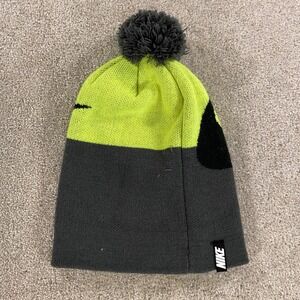 Nike Beanie Hat Youth Boys One Size Grey Neon Green Pom Pom Swoosh